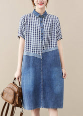 Fitted Blue Peter Pan Collar Patchwork Plaid Denim Long Dress