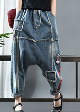 Fitted Denim blue Patchwork Print Fall Pants