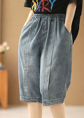 Fitted Light Blue Elastic Waist Pockets Patchwork Cotton Denim Shorts