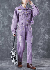 Fitted Purple Hollow Out Rivet Denim Two Pieces Set