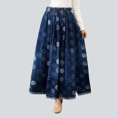 Flare embroidered long jeans skirt