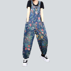 Floral print blue denim jumpsuit