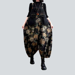 Flower print black denim jumpsuit