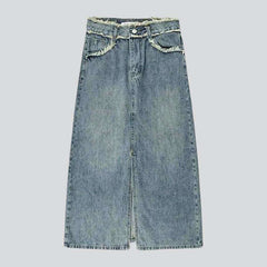 Frayed waistband long denim skirt