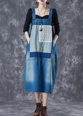French Blue Oversized Lace Patchwork Denim Strap Dresses