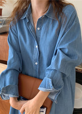 Camisa vaquera con cuello Peter Pan y patchwork en azul francés