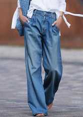 French Blue Pockets Patchwork High Waist Denim Trousers