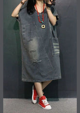 Vestidos de mezclilla para vacaciones en otoño, de media manga, con escote en V, bolsillos y agujeros, de color azul francés