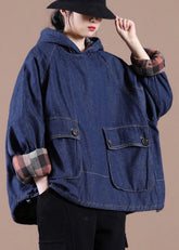 French Denim Blue Clothes For Hooded Pockets Oversized Tops