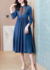 French Denim Blue V Neck Embroideried Patchwork Elastic Waist Cotton Long Dresses