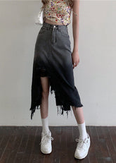 French Gradient Color Front Open Tasseled Denim Skirts