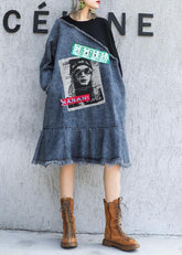 Vestido túnica de algodón con cuello redondo y volantes, estilo francés, denim azul, patchwork, negro.