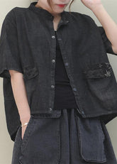 Camisas de algodón con cuello alto y bolsillos franceses Camisa vaquera negra de trabajo