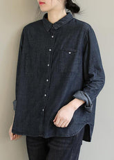 French Denim Black Top Lapel Pockets Baggy Blouses