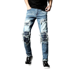 Patchwork knees men biker jeans