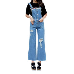 Wide-leg distressed women denim jumpsuit