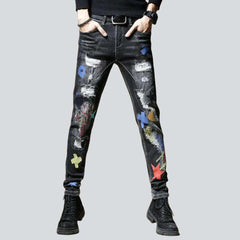 Bestickte Destroyed Skinny Herrenjeans