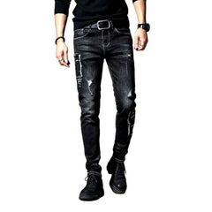 Bestickte, dehnbare schwarze Herrenjeans