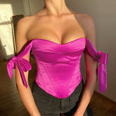 Primrose Satin-Korsett-Top mit Schleife an der Schulter und abgerundetem Saum