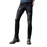 Black embroidery skinny men jeans