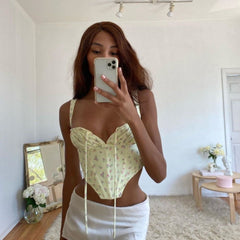 Korsett-Bustier-Crop-Top mit Sonnenblumen-Blumendruck