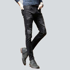 Black embroidery skinny men jeans