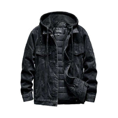 Schwarze, dicke, geknöpfte Herrenjacke mit Kapuze, zerrissen