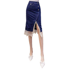 Lace hem embroidery denim skirt