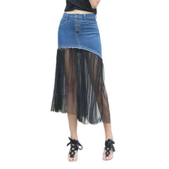 Buttoned pleated women denim skirt