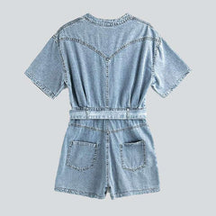Mandarin collar denim overall shorts