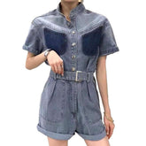 Mandarin collar denim overall shorts