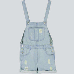 Light wash ripped denim romper