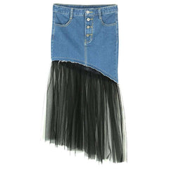 Buttoned pleated women denim skirt