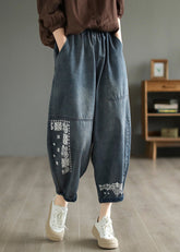 Handmade Blue Embroideried Patchwork Pockets Denim Harem Pants