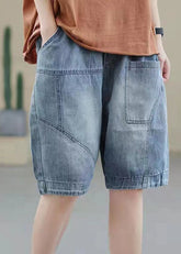 Handmade Denim Light Blue Elastic Waist Pockets Patchwork Cotton Short Pants