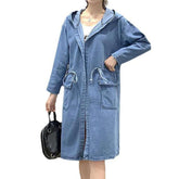 Hooded denim coat with drawstrings