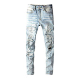 Crystal-embellished patchwork men jeans