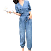 Dünner Damen-Jeansoverall mit V-Ausschnitt
