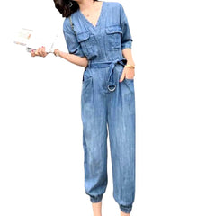 V-neck thin women denim overall