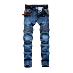 Embroidered blue moto men jeans