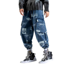 Printed cargo men denim joggers