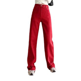 Vaqueros rectos rojos con dobladillo sin rematar