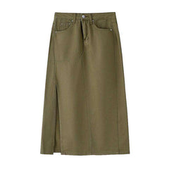 Falda vaquera larga con abertura en color caqui