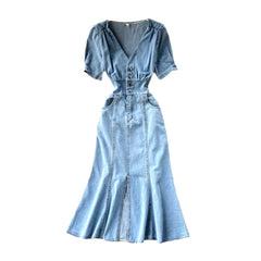 Vestido vaquero elegante con escote en V para mujer