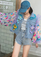 Italian Blue Tulle Ruffled Sequins Floral Decorated Patchwork Denim Coat