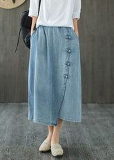 Italian Denim Blue Elastic Waist Asymmetrical Oriental Button Cotton Skirt