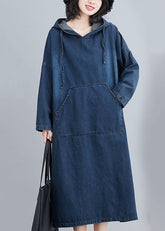 Italian Navy Hooded Oversized Denim Sweatshirt Dress