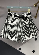 Italian Striped Sashes Pockets Denim Shorts