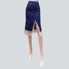 Lace hem embroidery denim skirt