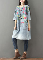 Light Blue Pockets Print Denim Mid Dress O Neck